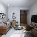 Modern Living Room Interior With Brown Sofa Gray Rug TV Floor Lamp And Decorative Art