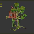 Cute Squirrel in Cozy Treehouse with Green Leafy Tree Brown Ladder and Gray Background 3d model