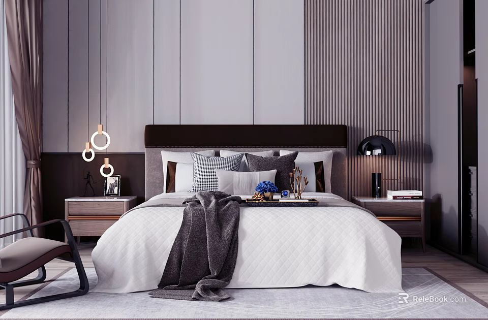 Elegant Double Bed Design With Modern Headboard Decorative Pillows Throw Blanket Nightstands And Lighting 3d model 