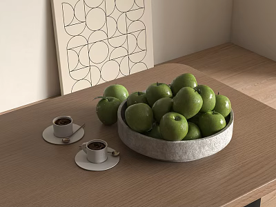 Green Apples in Gray Bowl on Wooden Table with Coffee Cups and Decorative Wall Art 3d model