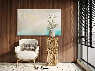Modern Single Sofa In Living Room With Wooden Wall Art And Potted Plant Decor 3d model