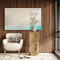 Modern Single Sofa In Living Room With Wooden Wall Art And Potted Plant Decor