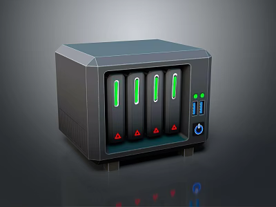 Network Storage Device With Multiple Slots Green Indicators Red Warning Symbols and Control Panel Buttons 3d model