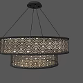 Modern Circular Chandelier with Double Layered Patterned Shades and Black Frame in Gray Interior