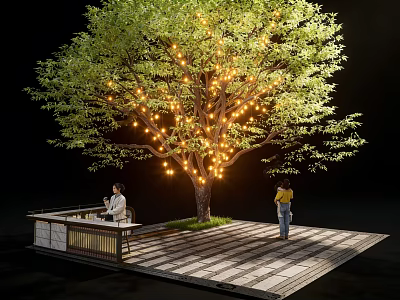 Outdoor Decorative Lights Adorn Large Tree In Leisure Setting With Wooden Floor And People 3d model
