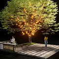 Outdoor Decorative Lights Adorn Large Tree In Leisure Setting With Wooden Floor And People