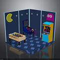 Colorful Pac-Man Themed Game Room Interior With Pinball Machine Arcade Cabinet And Board Game Table