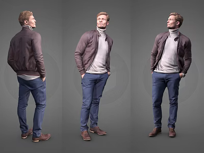 A Stylish Man In Brown Jacket White Turtleneck Blue Jeans And Brown Shoes 3d model