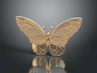Golden Decorative Butterfly With Intricate Wing Patterns And Reflective Surface On Dark Background 3d model