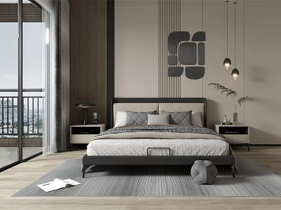 Modern Bedroom Interior With Bed Wooden Nightstands Decorative Wall Art Pendant Lights And Area Rug 3d model