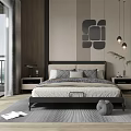 Modern Bedroom Interior With Bed Wooden Nightstands Decorative Wall Art Pendant Lights And Area Rug