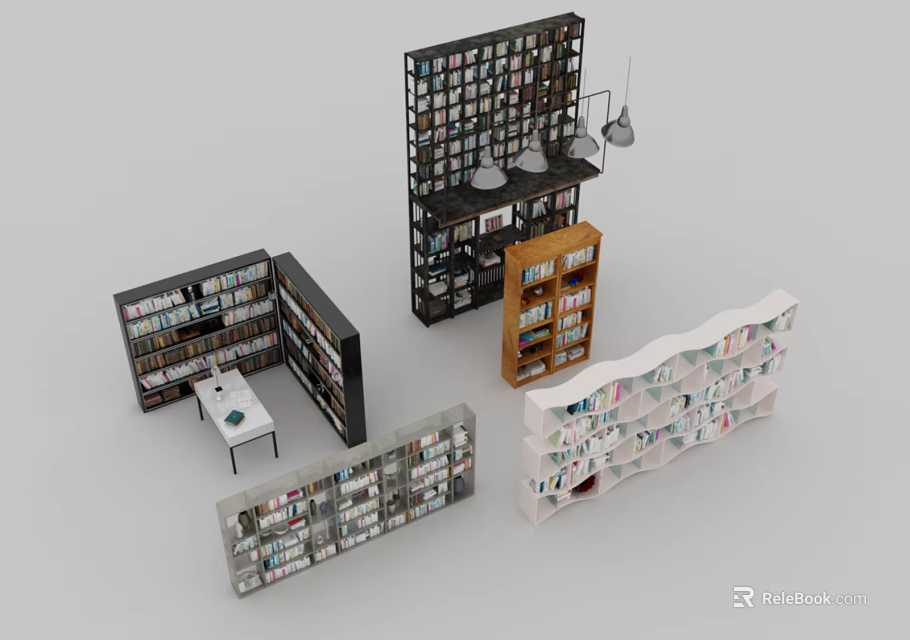 Modern Bookcases Featuring Various Open Designs Multiple Shelves And Different Colors 3d model