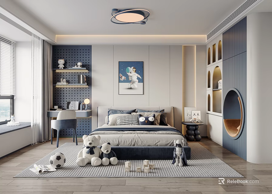 Modern Kids Bedroom With Plush Toys And Soccer Ball 3d model 