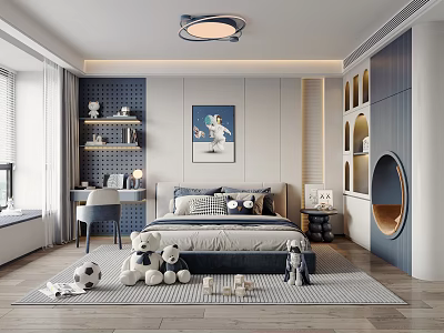 Modern Kids Bedroom With Plush Toys And Soccer Ball 3d model