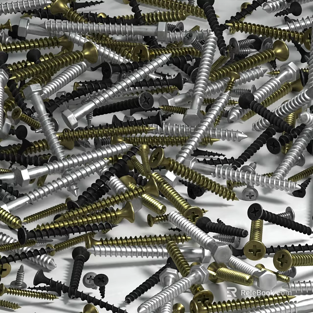 Assorted Metal Screws With Gold Silver Black Colors And Different Head Styles 3d model 