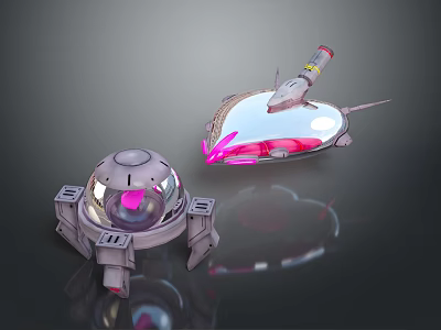 Sci Fi Mechanical Characters With Spherical Support And Ship Shaped Bodies Illuminated By Pink Lights 3d model
