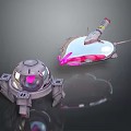 Sci Fi Mechanical Characters With Spherical Support And Ship Shaped Bodies Illuminated By Pink Lights