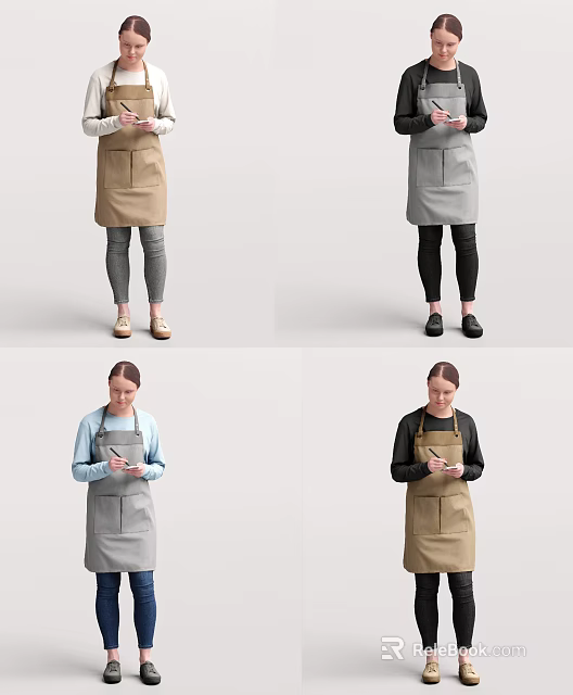 Women Wearing Different Colored Aprons Checking Smartphones In White Studio Setting 3d model 