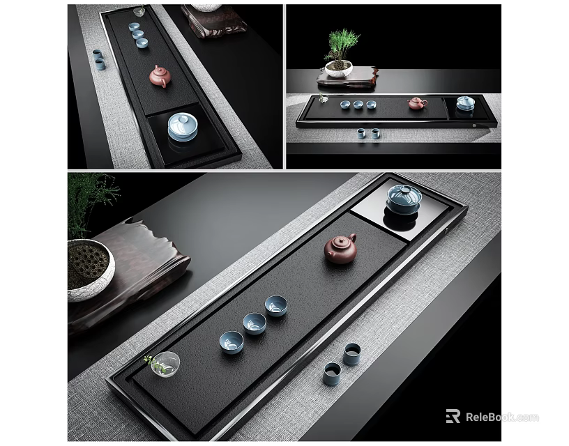 Elegant Tea Set With Black Tray Teapot And Small Ceramic Cups 3d model