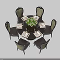 Round Dining Table Set With Six Elegant Chairs Tableware And Central Flower Arrangement 3d model