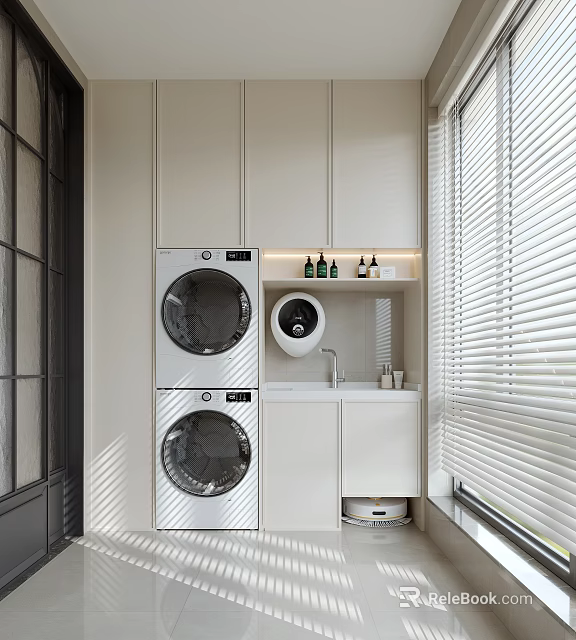 Modern Home Balcony Laundry Area With Stacked Washer Dryer White Cabinets Sink And Blinds 3d model 