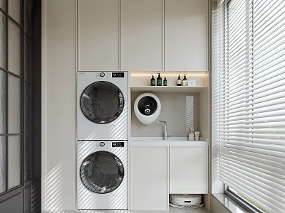 Modern Home Balcony Laundry Area With Stacked Washer Dryer White Cabinets Sink And Blinds 3d model
