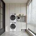 Modern Home Balcony Laundry Area With Stacked Washer Dryer White Cabinets Sink And Blinds