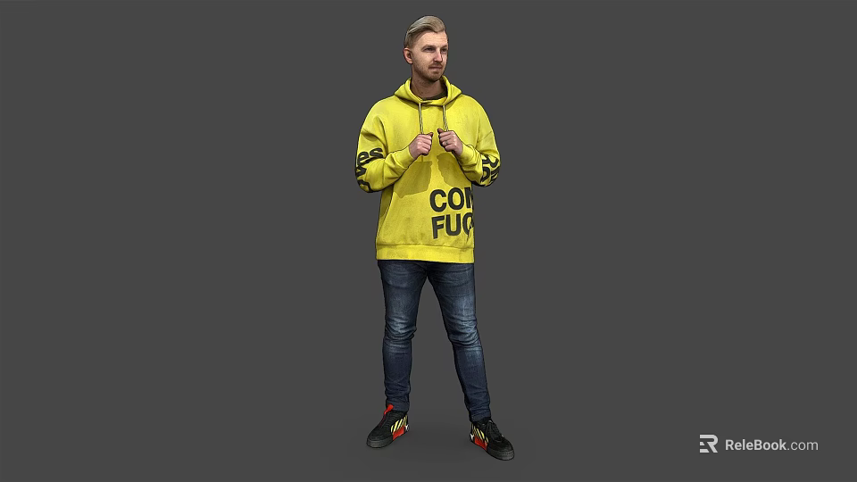 Man in Yellow Hoodie with Cool Fug Text Wearing Jeans and Sneakers 3d model 