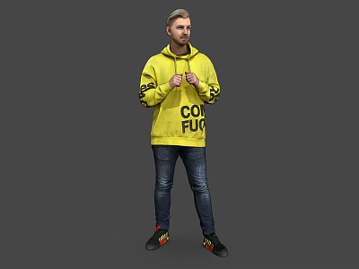 Man in Yellow Hoodie with Cool Fug Text Wearing Jeans and Sneakers 3d model