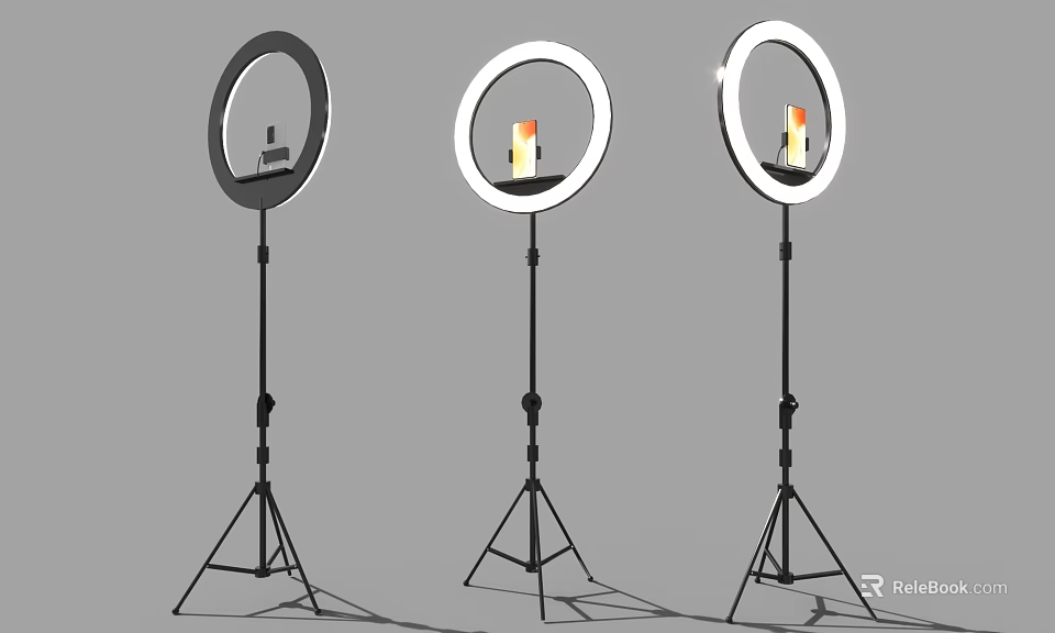 Three Standing Ring Lights On Tripods For Photography Studio Lighting Setup 3d model 