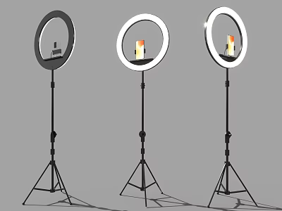 Three Standing Ring Lights On Tripods For Photography Studio Lighting Setup 3d model