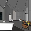 Modern Lobby Interior With Large Glass Windows Geometric Ceiling Sofa And Coffee Table 3d model