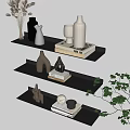 Modern Black Floating Shelves With LED Lighting Decorative Vases Books Green Plant On White Wall