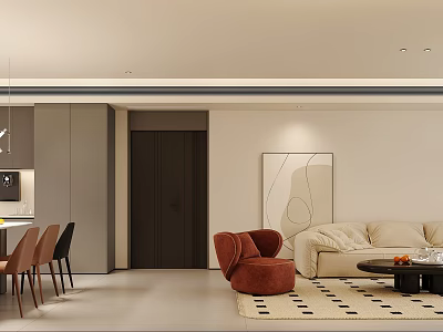 Elegant Living Dining Room Interior With Beige Sofa Red Accent Chair Dining Table And Artwork 3d model