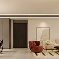 Elegant Living Dining Room Interior With Beige Sofa Red Accent Chair Dining Table And Artwork
