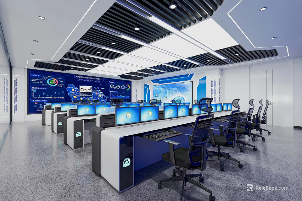 Modern Monitoring Room Interior With Multiple Display Screens Workstations And Control Consoles 3d model 