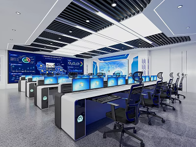 Modern Monitoring Room Interior With Multiple Display Screens Workstations And Control Consoles 3d model