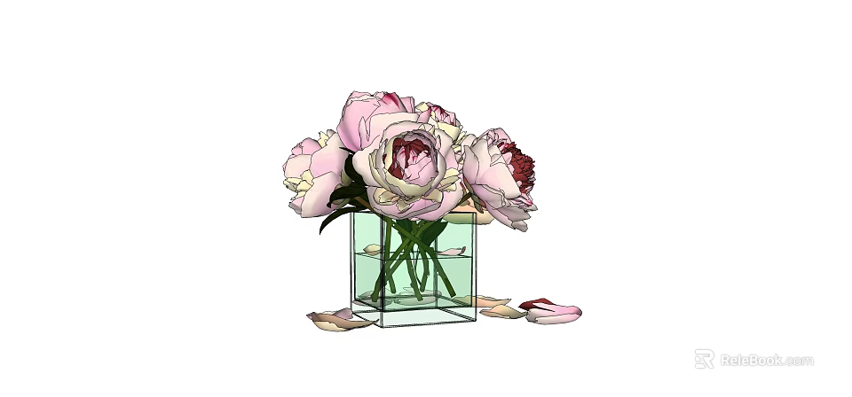 Blooming Pink Peonies in Clear Square Glass Vase with Scattered Petals 3d model 