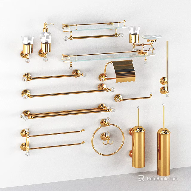 Modern Bathroom Cabinet Rack With Golden Metal Towel Racks Glass Shelves And Hooks 3d model 