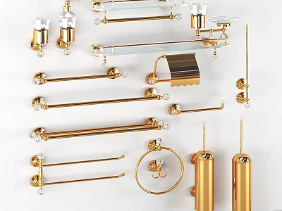 Modern Bathroom Cabinet Rack With Golden Metal Towel Racks Glass Shelves And Hooks 3d model
