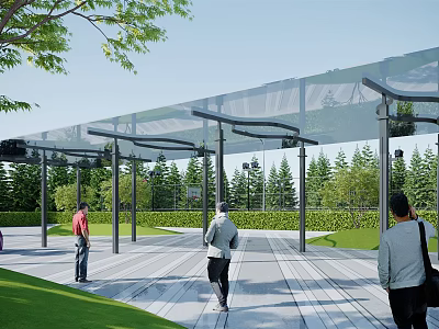 Modern Glass Roof Pergola with Metal Frame Green Trees and People in Outdoor Space 3d model