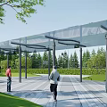 Modern Glass Roof Pergola with Metal Frame Green Trees and People in Outdoor Space