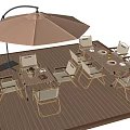 Outdoor Dining Table on Wooden Deck with Large Umbrella and Chairs Set with Plates