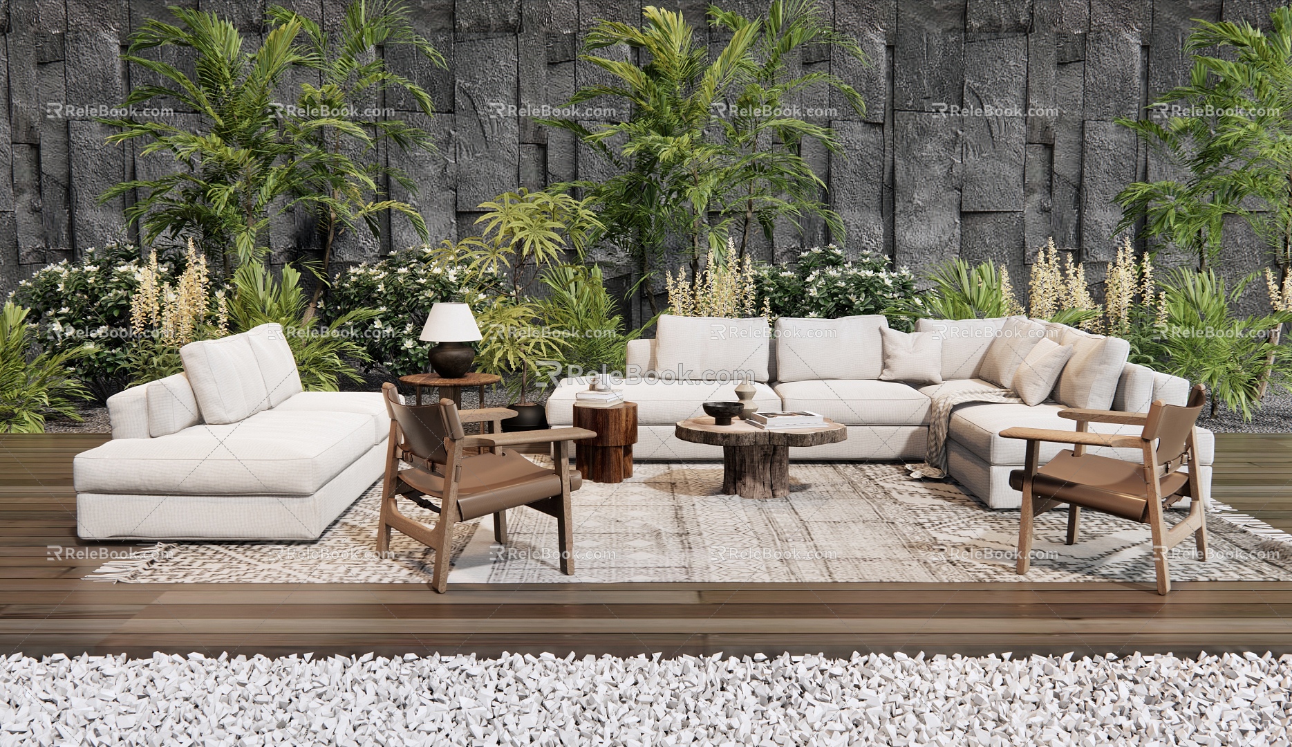 Outdoor Sofa Sofa Coffee Table Combination Leisure Chair Plant Combination Flower Mirror Plant Stack 3d model