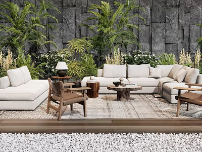 Outdoor Sofa With White Cushions Surrounded By Green Plants Stone Wall And Wooden Coffee Table 3d model