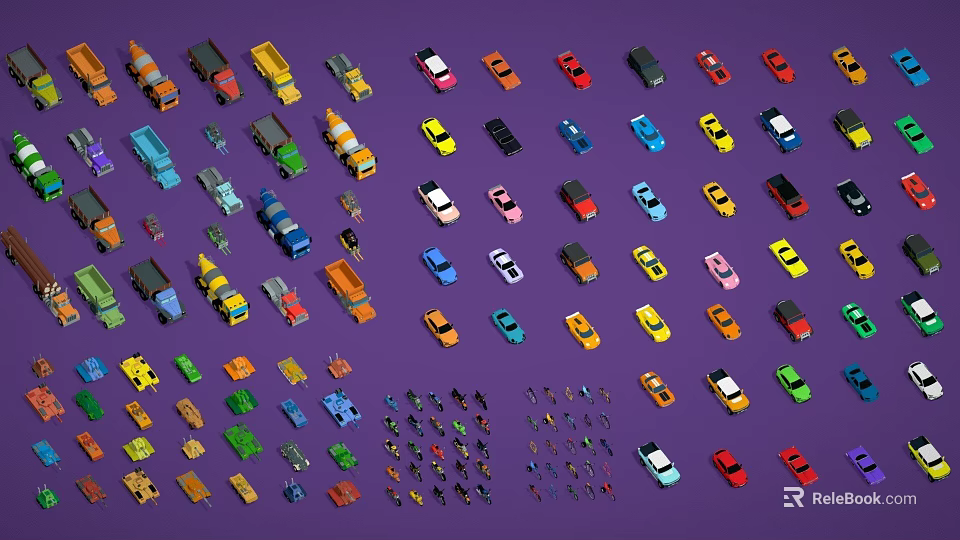 Various Colored Toy Cars With Different Types On Purple Background And Small Figures 3d model 