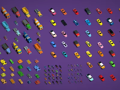 Various Colored Toy Cars With Different Types On Purple Background And Small Figures 3d model