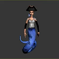 3D Model Of Pirate Mermaid With Black Tricorne Hat White Top And Blue Spotted Tail