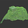 Square Building Model On Undulating Terrain With Blue Roof And Light Exterior