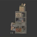 Multi Tiered Industrial Style Storage Shelves With Books Wooden Boxes And Baskets